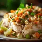Close-up of slow cooker chicken and stuffing with creamy sauce in a white dish.
