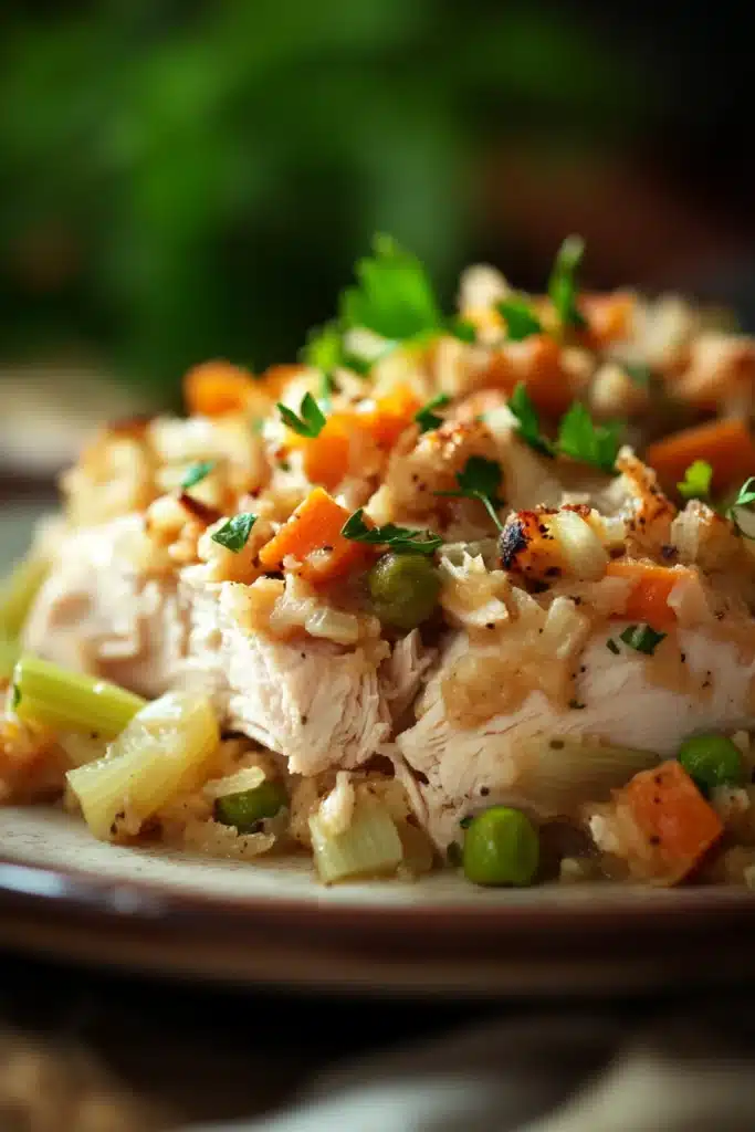 Close-up of slow cooker chicken and stuffing with creamy sauce in a white dish.