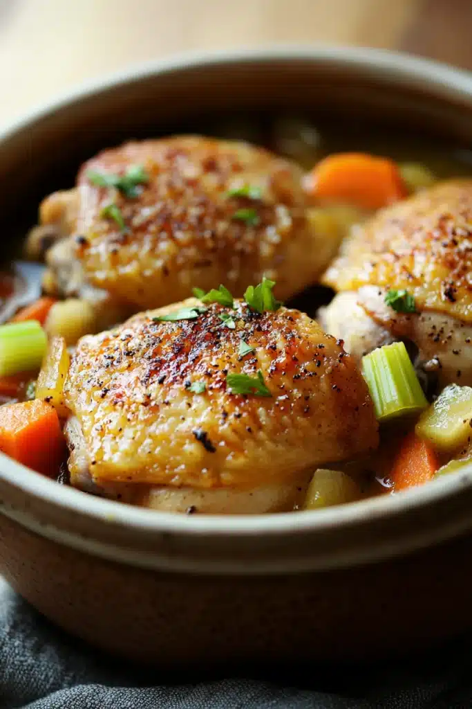 Close-up of slow cooker chicken in broth with herbs and vegetables