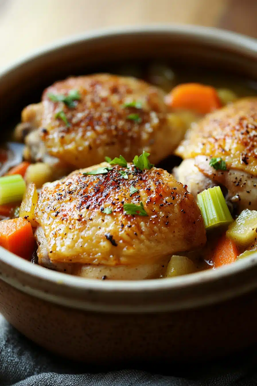 Close-up of slow cooker chicken in broth with herbs and vegetables