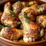 Close-up of slow cooker chicken legs with creamy sauce and herbs