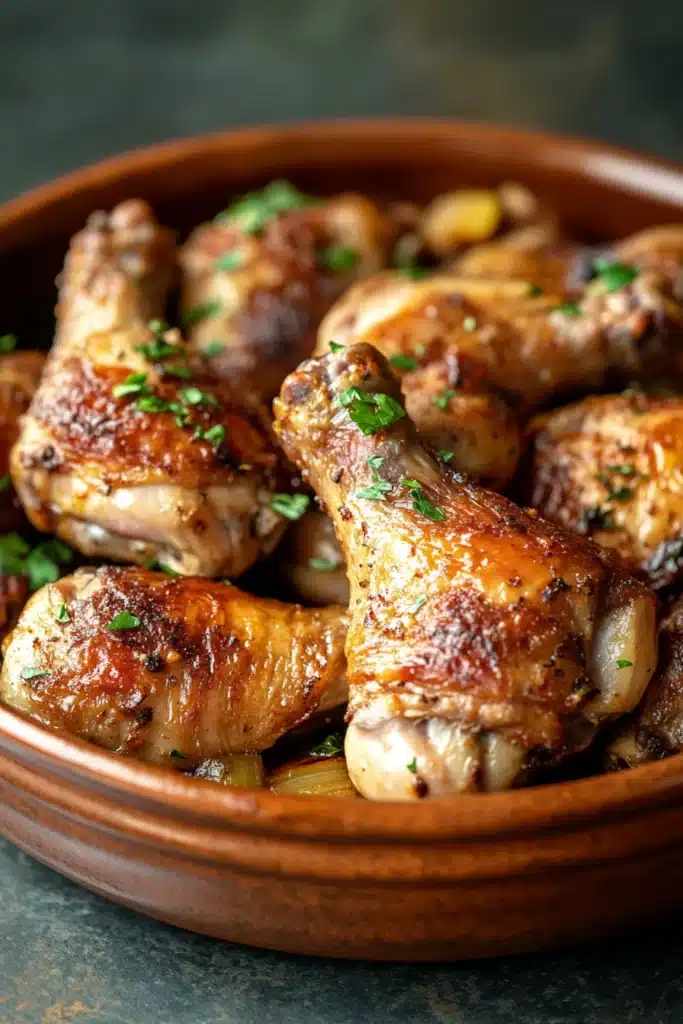 Close-up of slow cooker chicken legs with creamy sauce and herbs