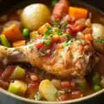 Close-up of slow cooker chicken legs stew with creamy sauce and herbs