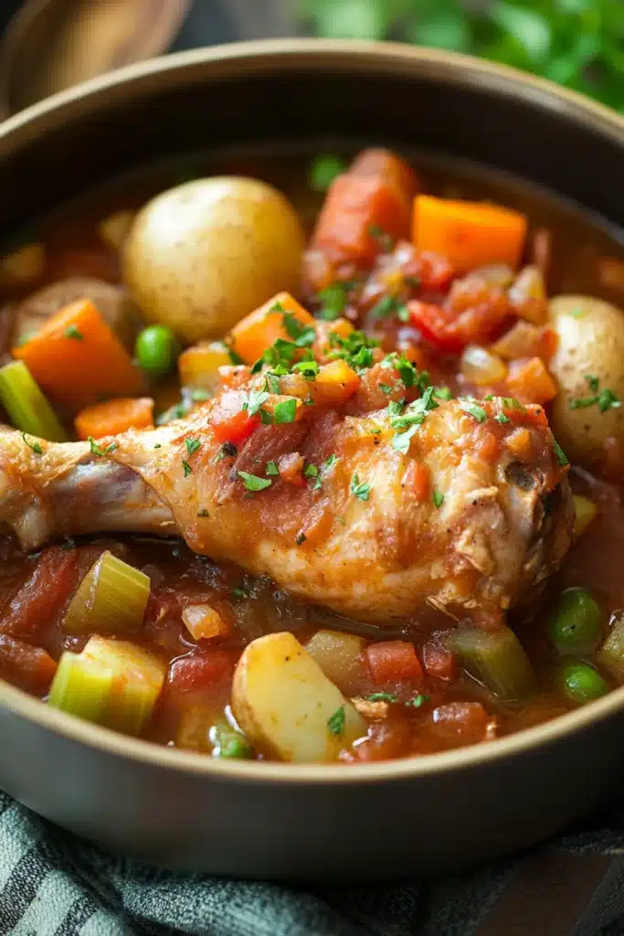 Close-up of slow cooker chicken legs stew with creamy sauce and herbs