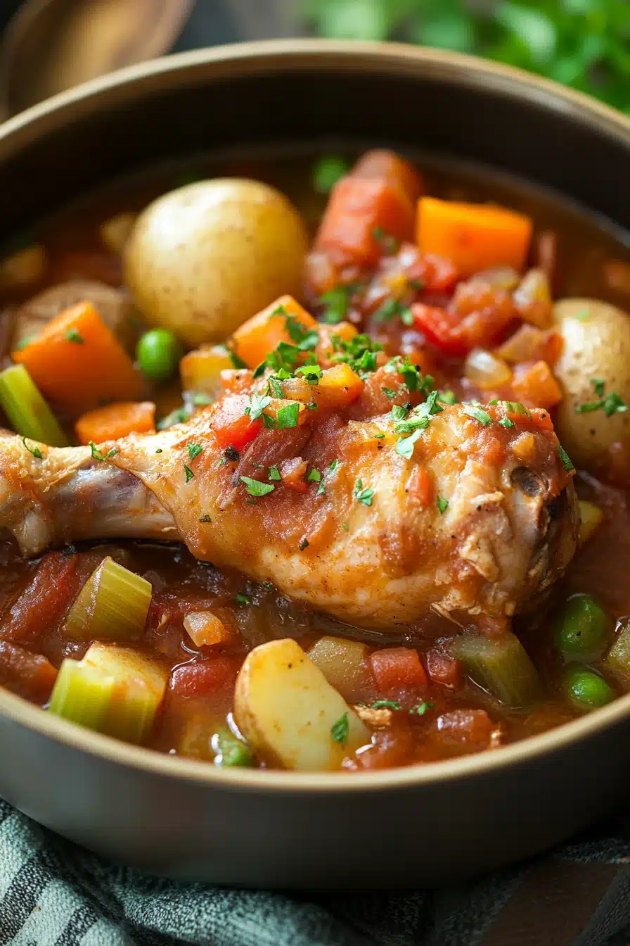 Close-up of slow cooker chicken legs stew with creamy sauce and herbs