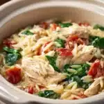 Close-up of creamy chicken orzo pasta in a slow cooker with herbs