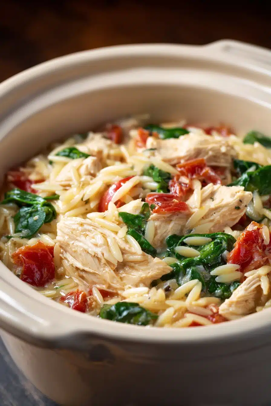 Close-up of creamy chicken orzo pasta in a slow cooker with herbs