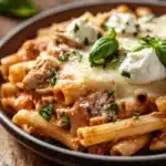 Close-up of creamy slow cooker chicken ziti with visible pasta and sauce