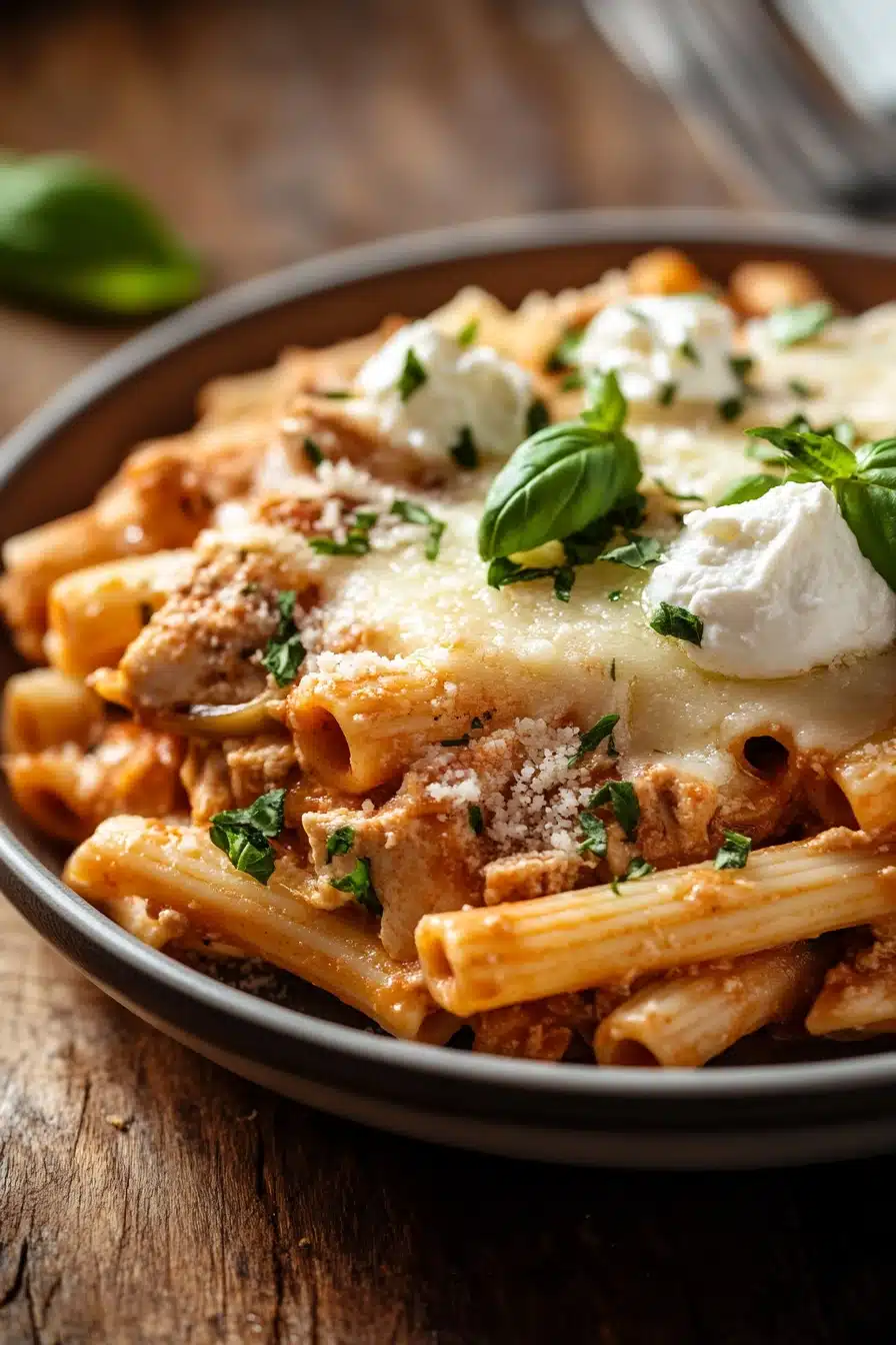 Close-up of creamy slow cooker chicken ziti with visible pasta and sauce