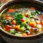 Close-up of a vibrant slow cooker detox soup with visible vegetables and herbs.