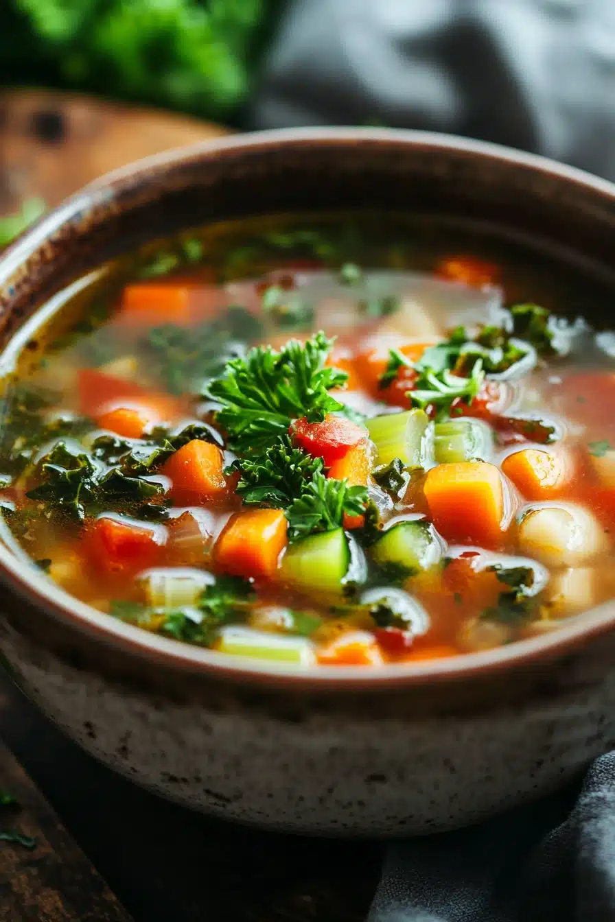 Close-up of a vibrant slow cooker detox soup with visible vegetables and herbs.