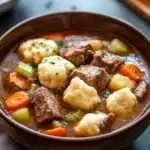 Close-up of slow cooker lamb stew with dumplings in a rustic bowl.