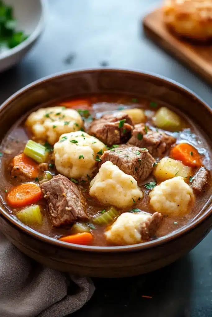 Close-up of slow cooker lamb stew with dumplings in a rustic bowl.