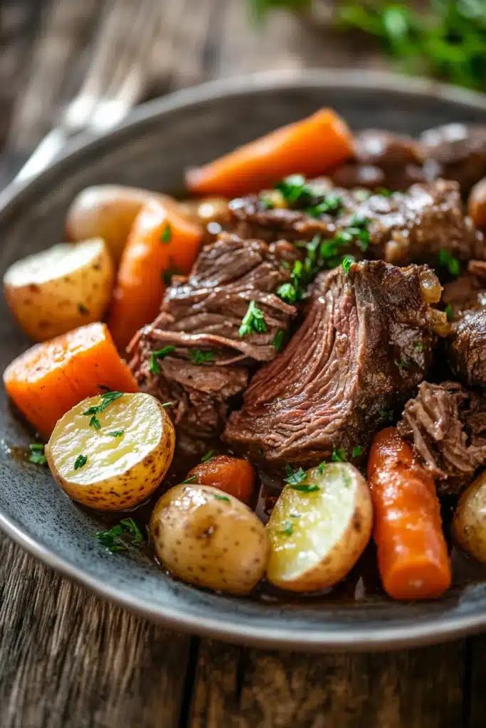 Close-up of a slow cooker pot roast dinner with vegetables and gravy.