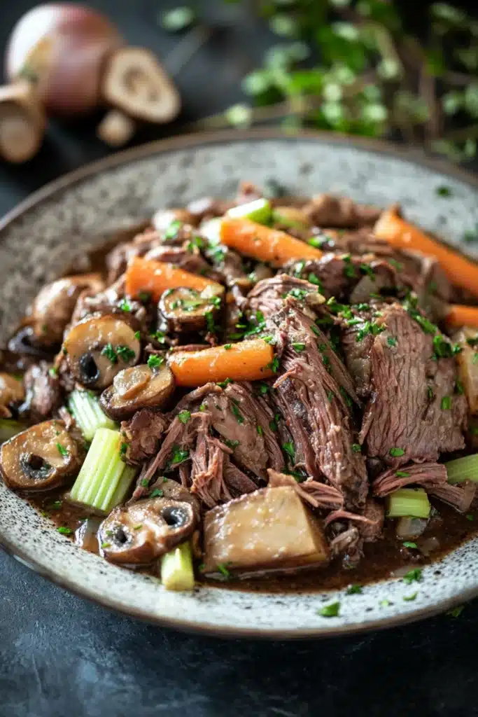 Close-up of slow cooker pot roast with mushrooms, showcasing juicy textures and rich colors.