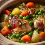 Close-up of a creamy slow cooker soup with chicken thighs in a white bowl.
