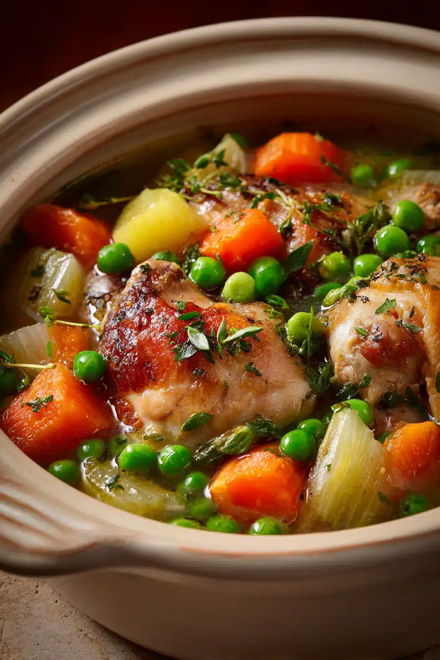 Close-up of a creamy slow cooker soup with chicken thighs in a white bowl.