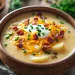 Close-up of a creamy slow cooker soup with visible chunks of potatoes in a bright, warm setting.