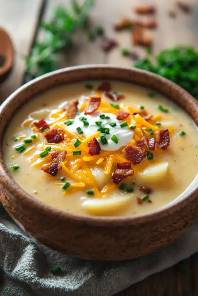 Close-up of a creamy slow cooker soup with visible chunks of potatoes in a bright, warm setting.
