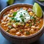 Close-up of slow cooker turkey white bean chili with visible beans and turkey pieces.