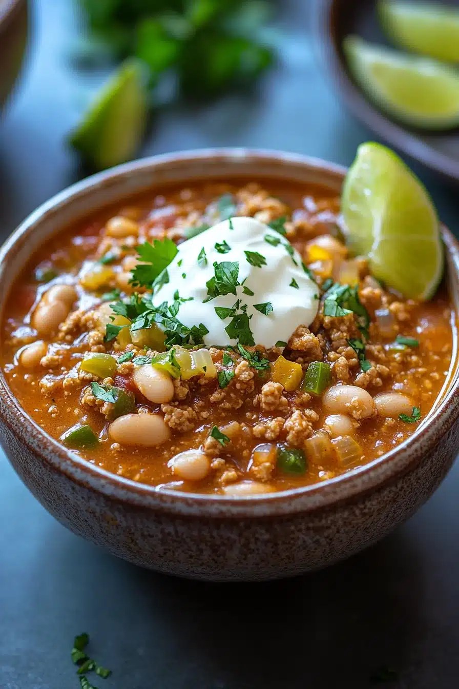 Close-up of slow cooker turkey white bean chili with visible beans and turkey pieces.
