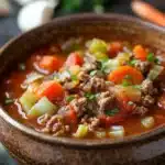 Close-up of slow cooker unstuffed cabbage soup with vibrant vegetables and broth