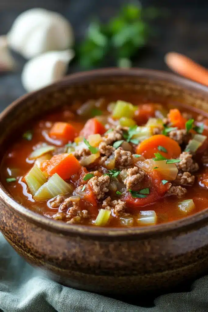 Close-up of slow cooker unstuffed cabbage soup with vibrant vegetables and broth