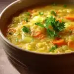 Close-up of slow cooker yellow split pea soup with a garnish of herbs