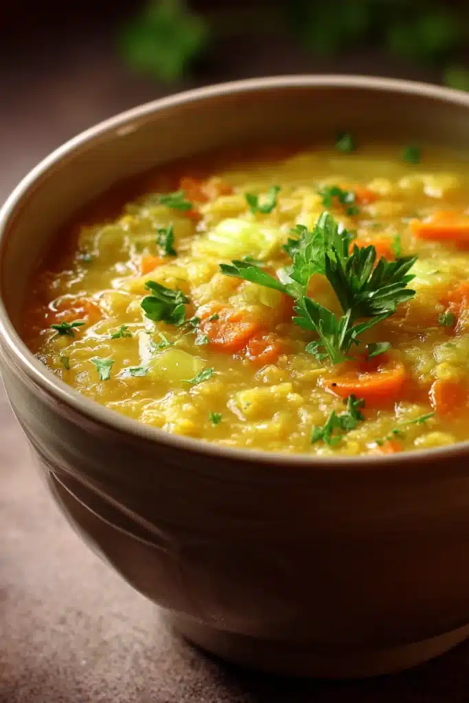 Close-up of slow cooker yellow split pea soup with a garnish of herbs