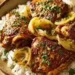 Close-up of smothered chicken and rice with creamy sauce and herbs.
