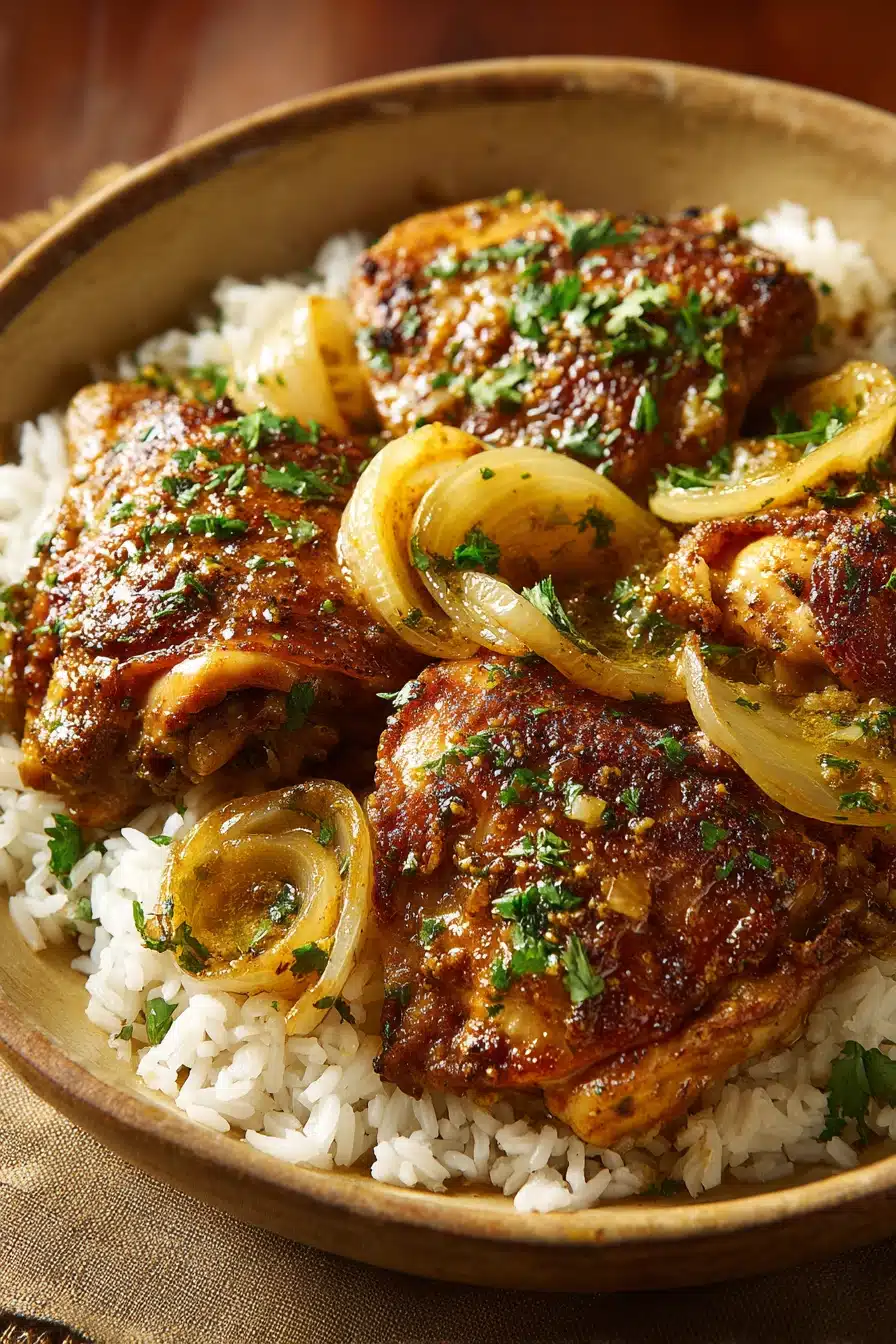 Close-up of smothered chicken and rice with creamy sauce and herbs.