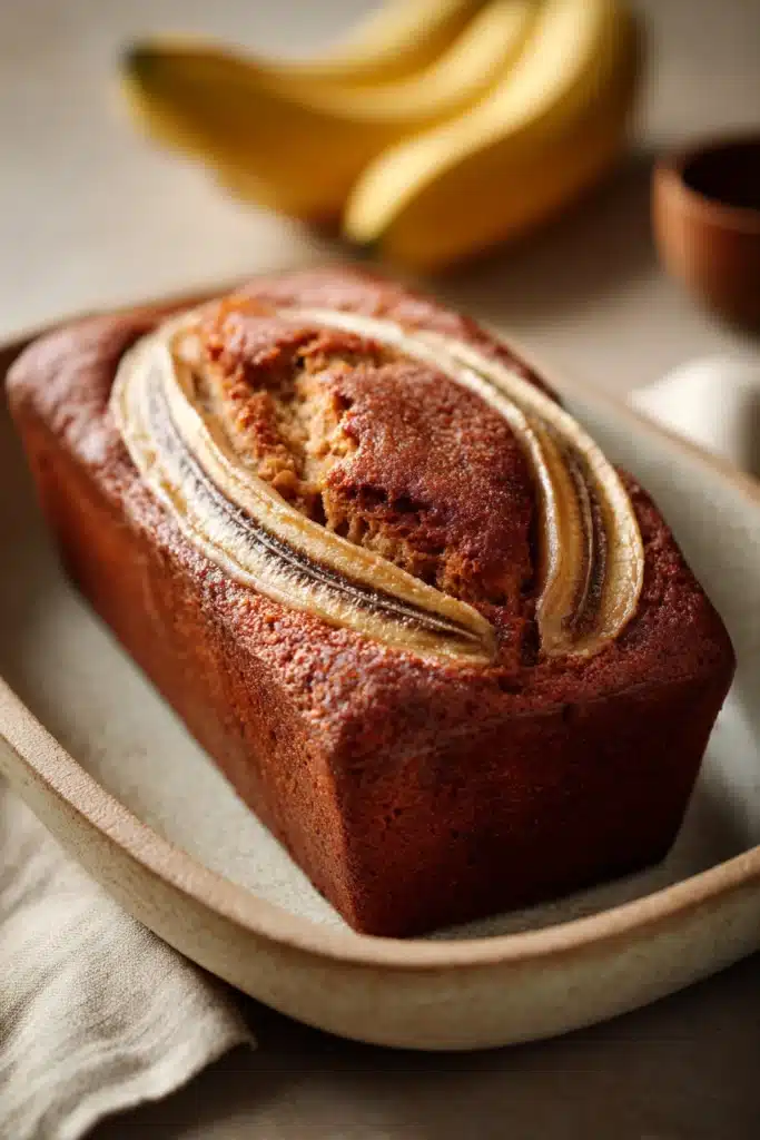 Close-up of Snickerdoodle Banana Bread with a golden crust and soft interior.