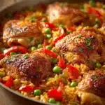 Close-up of a spiced chicken rice skillet with vibrant colors and appetizing presentation.