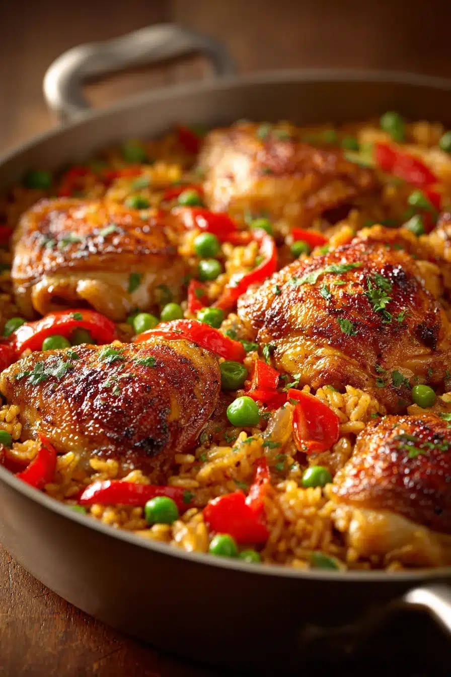 Close-up of a spiced chicken rice skillet with vibrant colors and appetizing presentation.