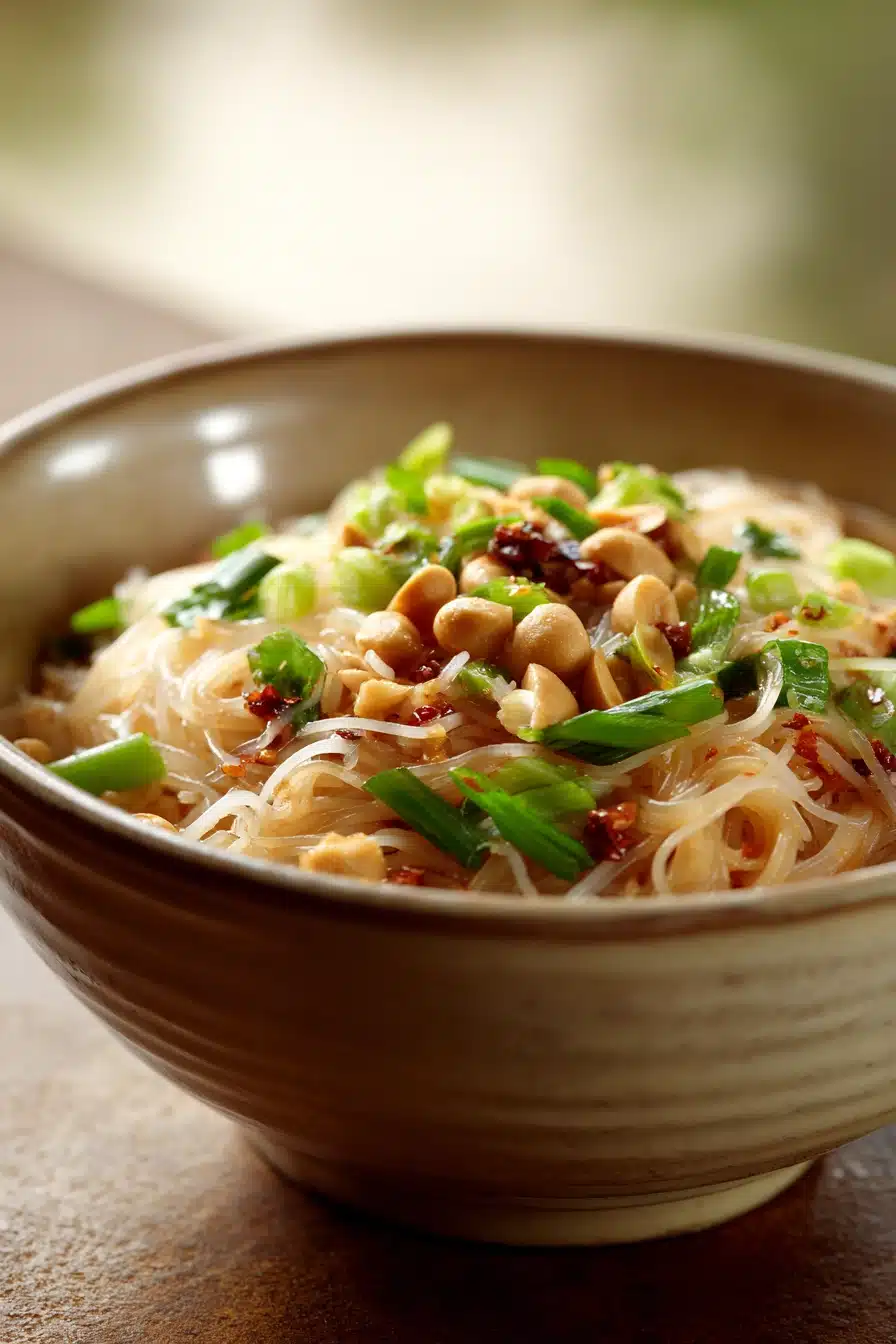 Close-up of spicy noodles with vibrant sauce and garnishes