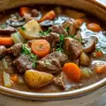 Close-up of a hearty steak and ale stew with visible chunks of meat and vegetables in a slow cooker.