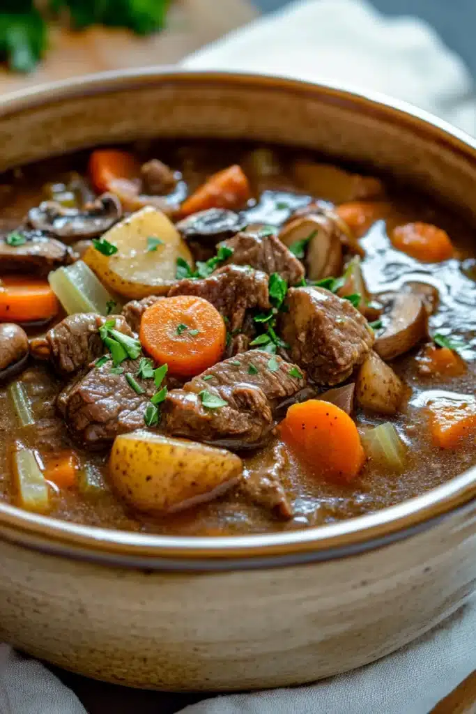 Close-up of a hearty steak and ale stew with visible chunks of meat and vegetables in a slow cooker.