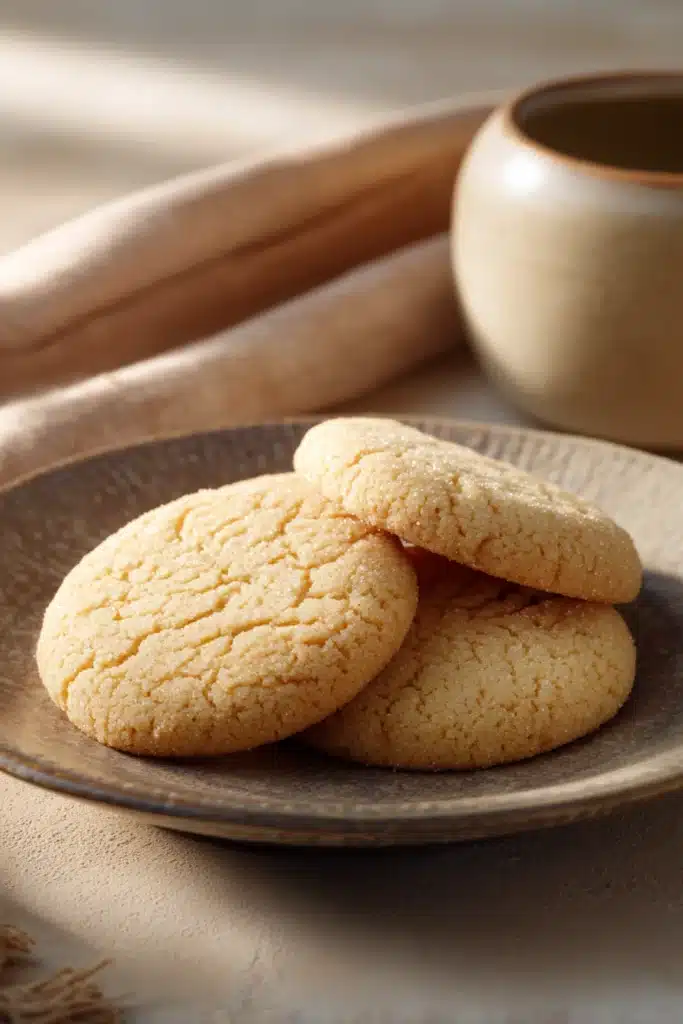 Close-up of sugar cookies with golden brown edges on a white background.