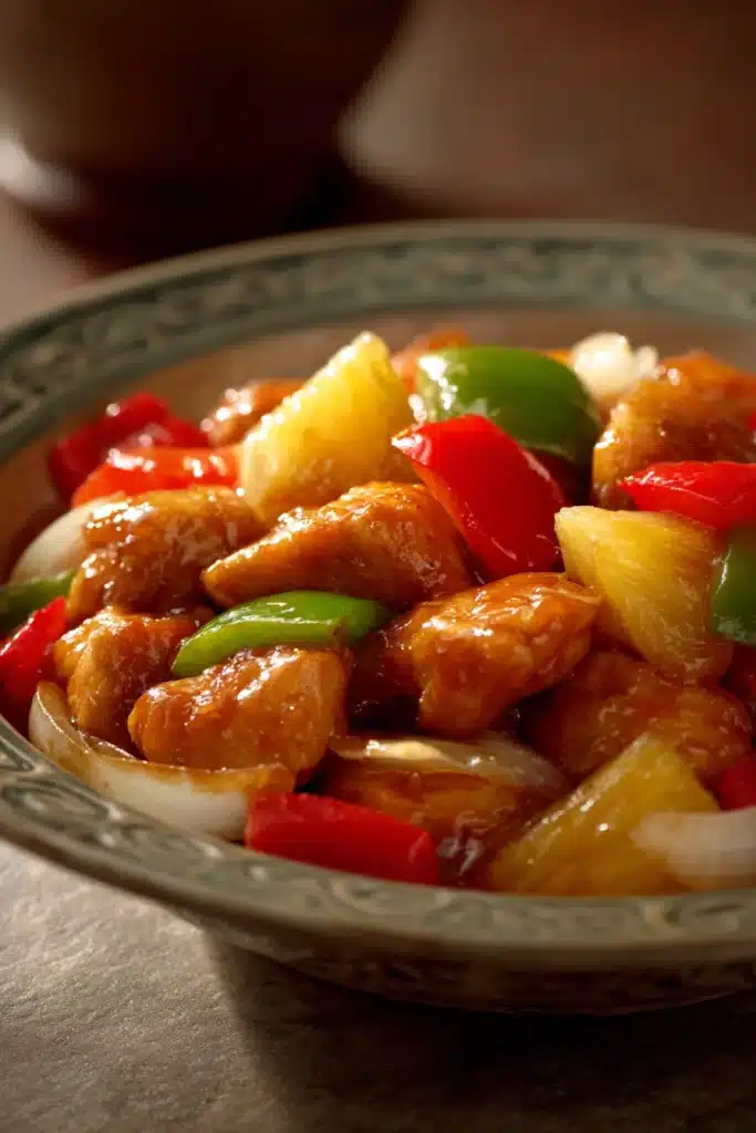 Close-up of Sweet and Sour Chicken with glossy sauce and minimal background.