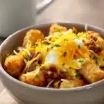 Close-up of a Tater Tot Breakfast Bowl with crispy tater tots, eggs, and garnishes in bright lighting.