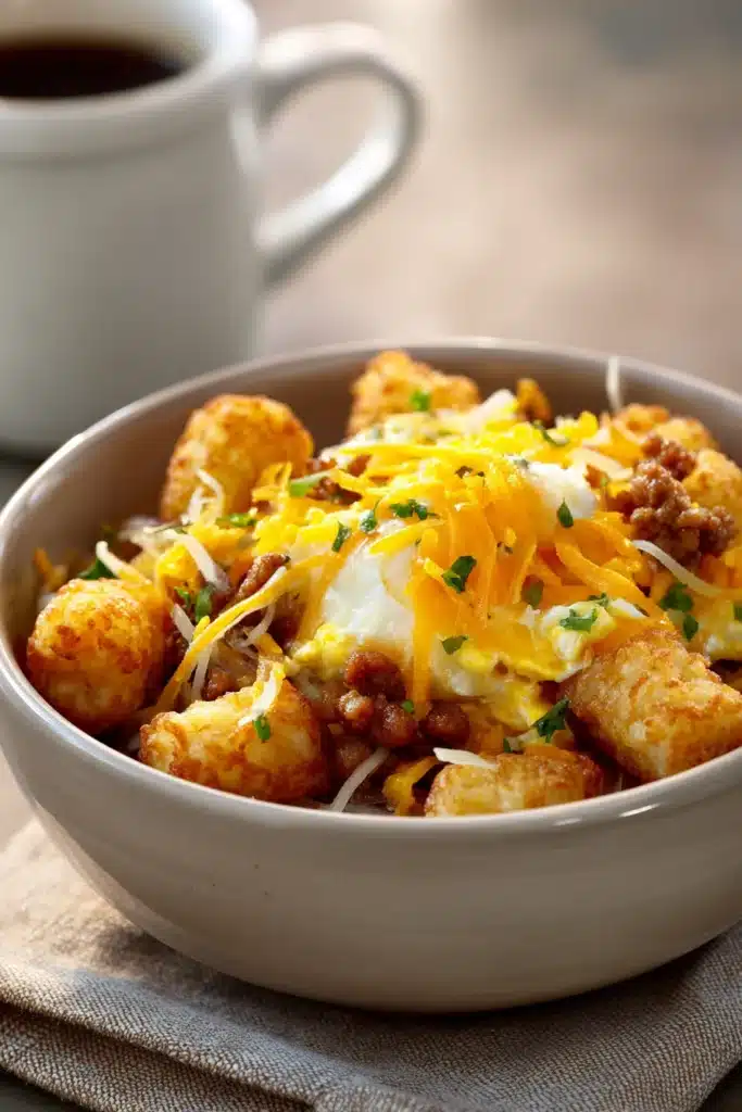 Close-up of a Tater Tot Breakfast Bowl with crispy tater tots, eggs, and garnishes in bright lighting.