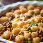 Close-up of a tater tot casserole with ground beef, topped with melted cheese, perfect as a freezer meal.