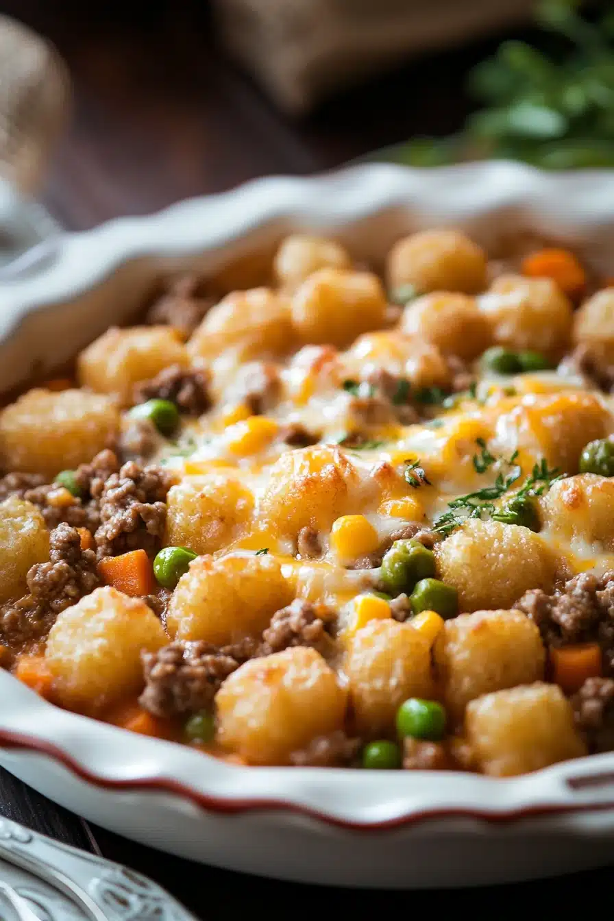 Close-up of a tater tot casserole with ground beef, topped with melted cheese, perfect as a freezer meal.