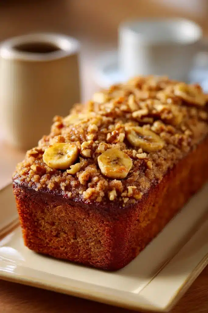 Close-up of banana bread with brown sugar streusel on a clean background