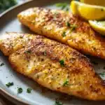 Close-up of a tilapia loin cooked in an air fryer, showcasing a golden-brown crust with a clean background.