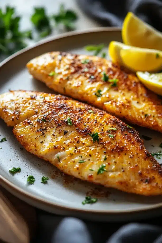 Close-up of a tilapia loin cooked in an air fryer, showcasing a golden-brown crust with a clean background.
