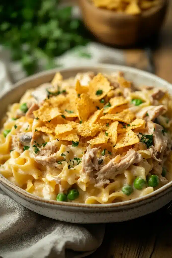 Close-up of a creamy tuna casserole with golden crust and herbs
