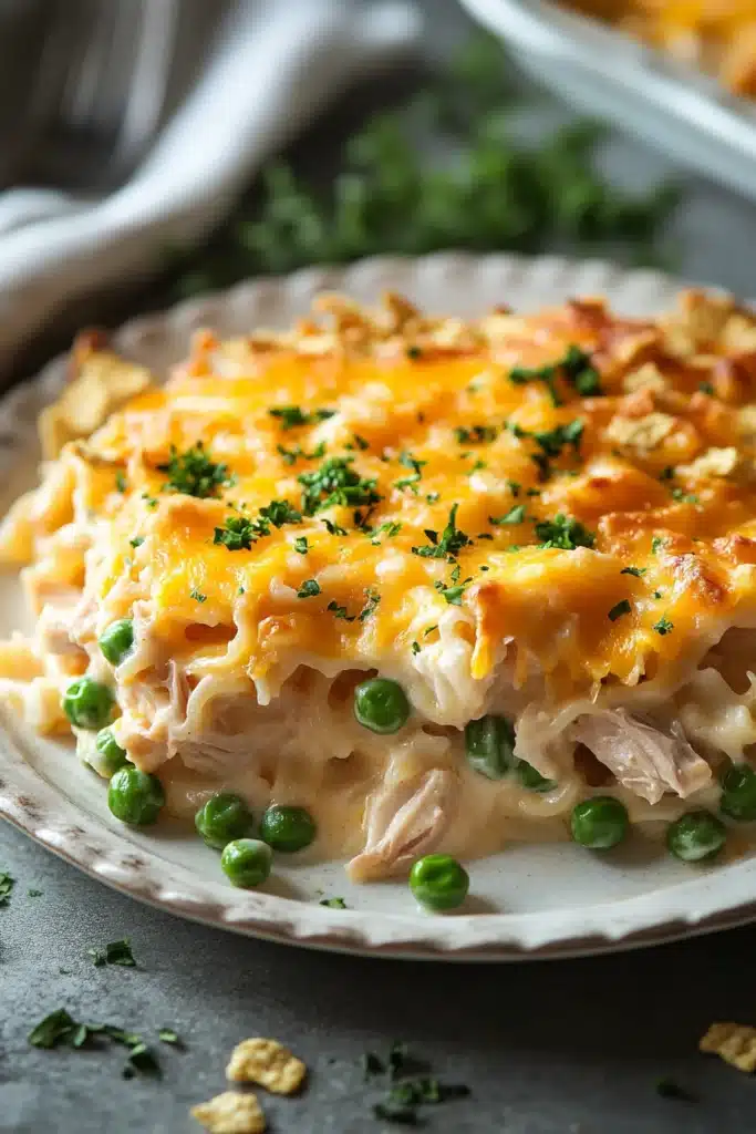 Close-up of a creamy tuna noodle casserole in a pan with noodles and sauce