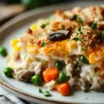 Close-up of a turkey dinner casserole with golden brown crust and herbs