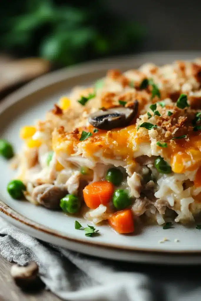 Close-up of a turkey dinner casserole with golden brown crust and herbs